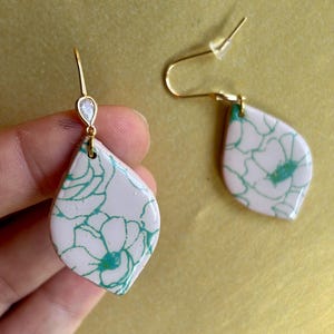 Tan and Green Floral Print Polymer Clay Earrings