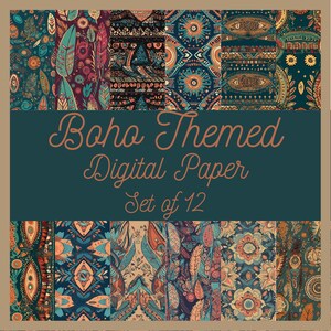 May include: A set of 12 digital papers with a boho theme. The papers feature a variety of patterns in shades of blue, orange, and brown. The patterns include feathers, geometric shapes, and floral designs. The text "Boho Themed Digital Paper Set of 12" is displayed in the center of the image.