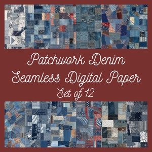 Op de afbeelding: Een set van 12 digitale papieren met een patchwork denim ontwerp. De papieren zijn naadloos en kunnen worden gebruikt voor een verscheidenheid aan knutselprojecten.