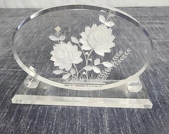 Vintage  Flowers Reverse Carved Acrylic Lucite Standing 6" Wide 4.5" Tall