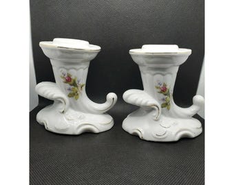 Vintage Porcelain Cornucopia Candle Stick Holder Moss Rose Floral Gold Accents