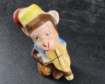 Vintage Hand Painted Monkey Figurine Playing Violin Made in Occupied Japan 