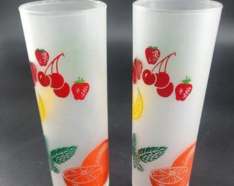 2  Vtg Federal Frosted Fruit Tom Collins Glasses Mid Century Barware.