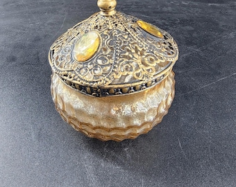 Vintage Filigree Powder Or Trinket Glass bowl w/lid. Used On Dresser Or Vanity
