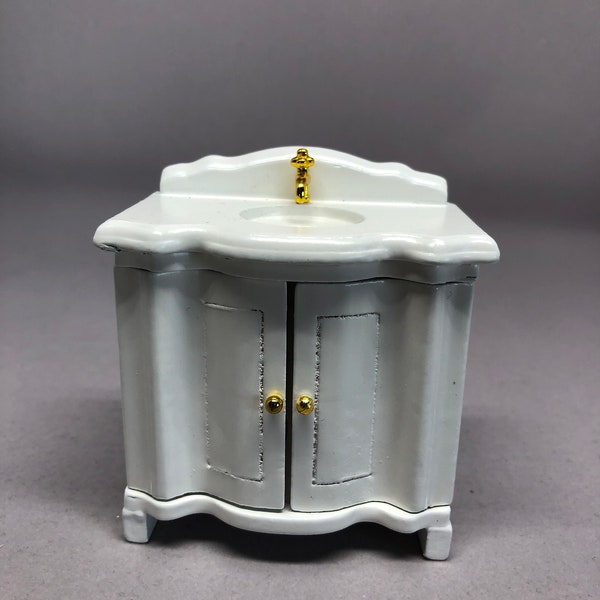 dollhouse bathroom vanity, white, sink, doors open