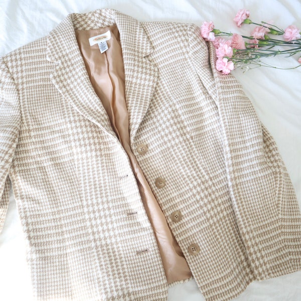 Talbots Checkered Plaid Tan Wool/Cashmere Blazer Size 8