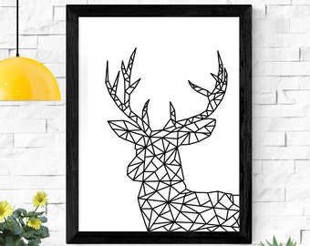 Geometric Deer Printable, Black And White Abstract Deer Wall Design, Minimalist Print, Home decor Modern Typography, Instant Download Poster