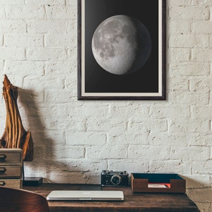 May include: A framed black and white photograph of the moon, hanging on a white brick wall above a wooden desk with a laptop, camera, and a wooden tray.