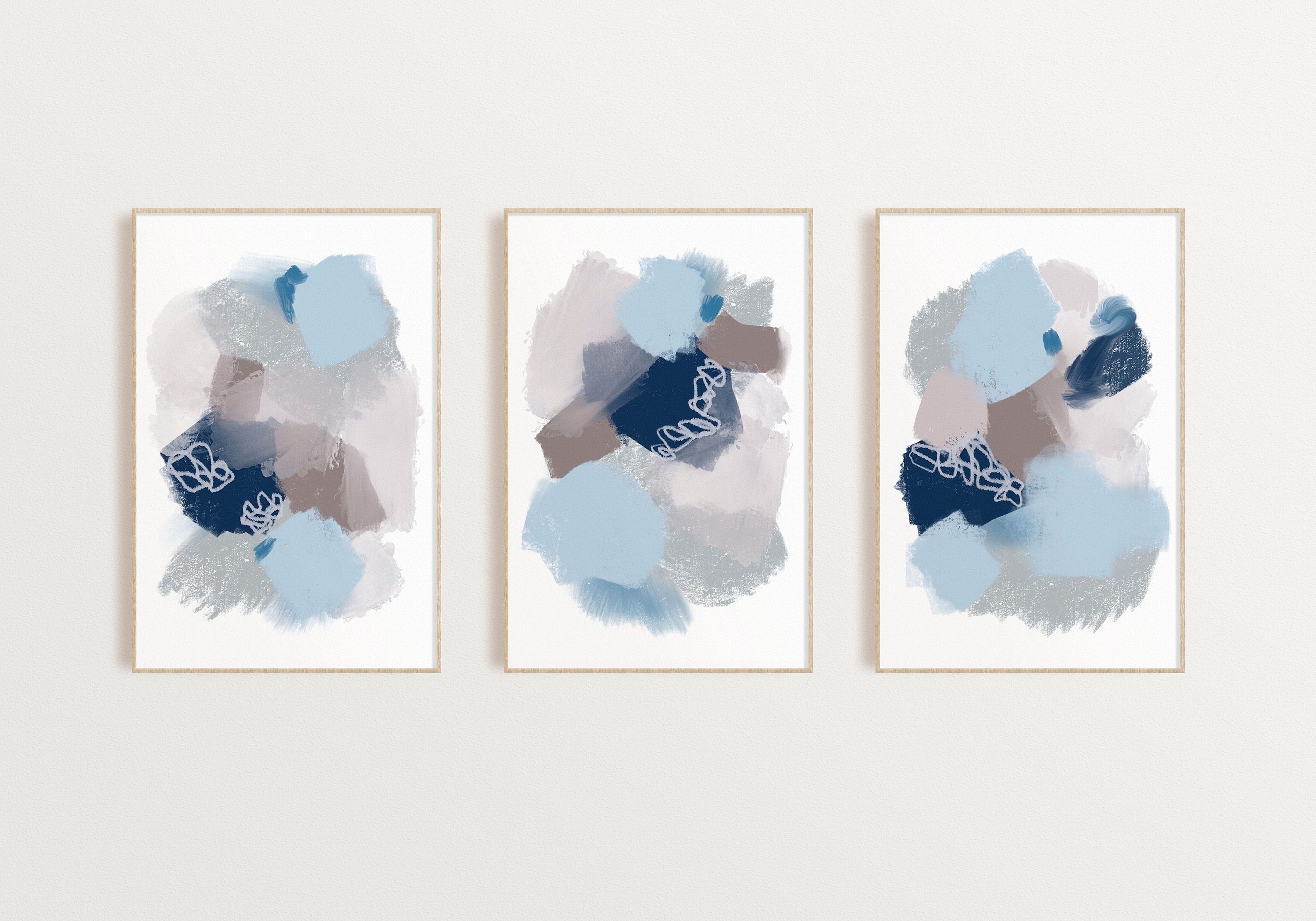 Blue Wall Art Set of 3 Prints Light Blue Abstracts printed Etsy