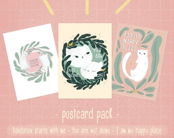 Postcard pack : Validation starts with me . You are not alone . I am my happy place / cute cats card set