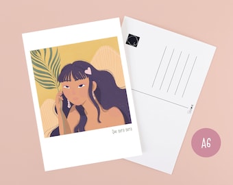 Que sera sera postcard / colourful tropical woman print