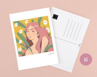 I am proud postcard / colourful  tropical flowery woman print
