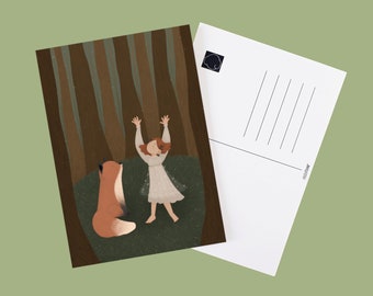 Celebration / Fox and fairy in the forest illustrated A6 postcard - Cozy illustration