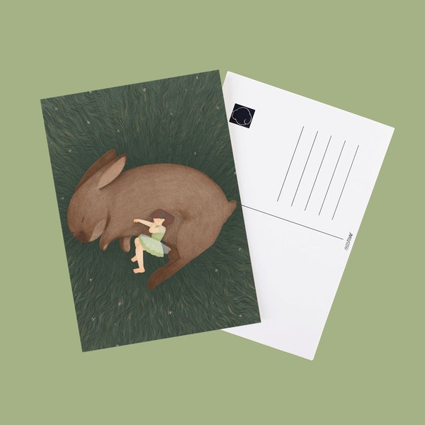 Ensemble / Lapin qui dort dans la forêt illustration carte postale A6 - imprimé cosy