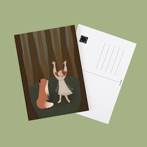 Célébration / Carte postale A6 illustrée d'un renard et d'une fée dans la forêt - Illustration confortable