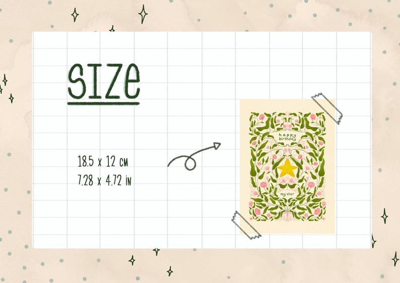 Pu&ograve; includere: Un biglietto di compleanno con un disegno floreale, una stella gialla e le parole "happy birthday" e "my star". Il biglietto misura 18,5 x 12 cm. La parola "SIZE" &egrave; scritta sopra le dimensioni.