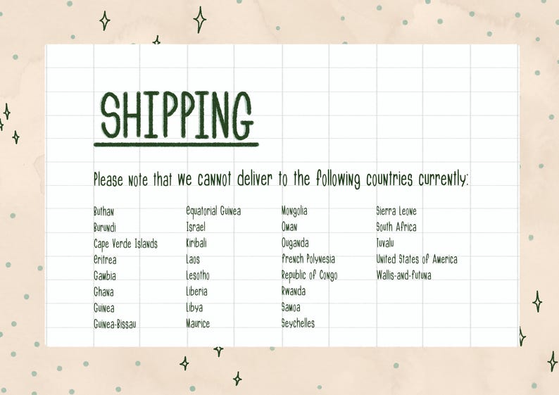Pu&ograve; includere: Una nota scritta a mano su uno sfondo a griglia con la parola "SHIPPING" in alto. Il testo elenca i paesi in cui la consegna non &egrave; disponibile, inclusi gli Stati Uniti d'America.