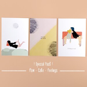 Postcard Set:  Flow, Cake & Feelings / Inspiration Positive Self Care postcard - A6 prints - Illustration pack