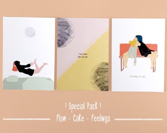 Postkarten Set: Flow, Cake & Feelings / Inspiration Positive Self Care Postkarte - A6 Drucke - Illustrations-Pack