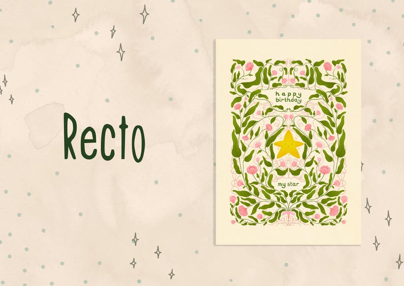 Pu&ograve; includere: Un biglietto di auguri con un design floreale e le parole "happy birthday my star". Il biglietto presenta una stella gialla al centro, circondata da foglie verdi e fiori rosa. La parola "Recto" &egrave; scritta in verde.
