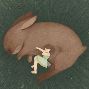 Samen / konijn slaapt in het bos illustratie A6-wenskaart - gezellige print