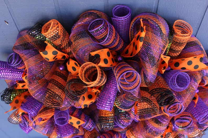 Halloween door decor fall decorative wreath Spider web purple and orange decoration from It Starts on the Porch
