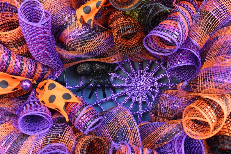 Halloween door decor fall decorative wreath Spider web purple and orange decoration from It Starts on the Porch