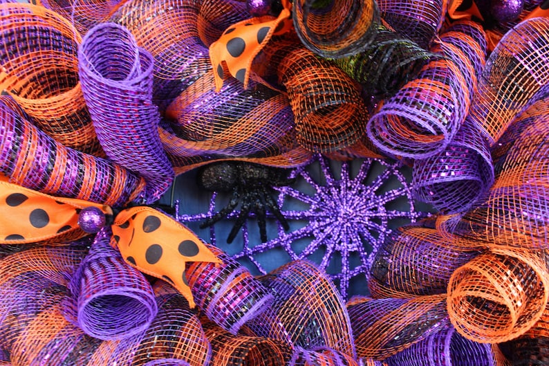 Halloween door decor fall decorative wreath Spider web purple and orange decoration from It Starts on the Porch