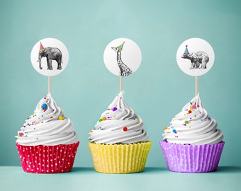 Party Animal Digital Cupcake Toppers, Bannière d'anniversaire, Autocollants de faveur, Fête à thème animal, Anniversaire au volant, Fête à thème jungle, Animaux