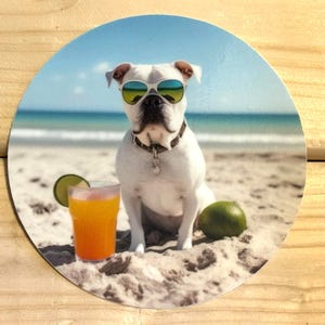 Witte boxerhond op het strand met Margarita-sticker