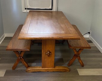 Vintage Signed  "Old Hickory" Martinsville Indiana Trestle Table and 2 Benches