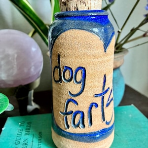 May include: A ceramic jar with a cork stopper. The jar is tan with blue accents and the words "dog farts" in blue. The jar is cylindrical and appears handmade. The background includes plants and a book.
