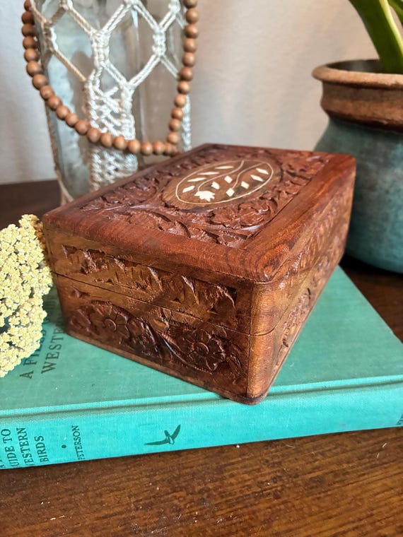 Hand Carved Wooden Trinket Box | Floral Keepsake Jewelry Storage