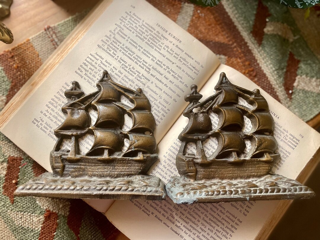Vintage Pirate Ship Bookends Cast Bronze Sail Ship Heavy Ocean Sea