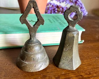 Vintage Etched Brass Bells, Pair, Small Antique Trinket Bells