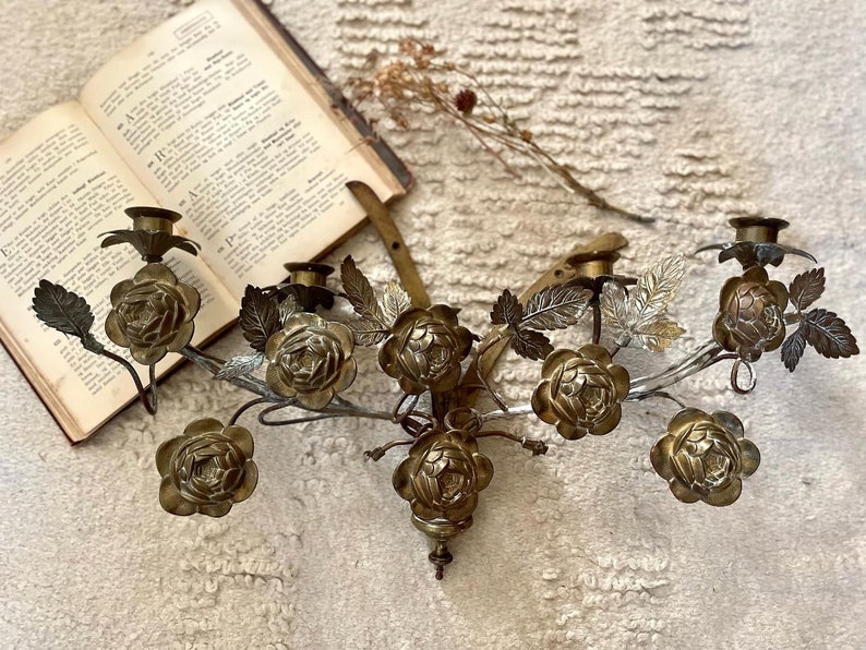 Antique candelabra rose vine brass large shops gold wall hanging