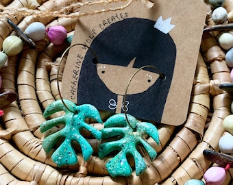 Clay Monstera Hoop Earrings, Green Gold Glitter, Hypoallergenic