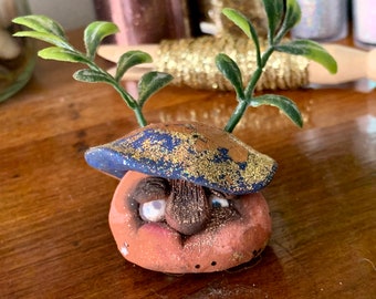 Wally the Funny Forest Fungi Creature, Magical Miniature Clay Mushroom Figurine, Whimsical Fairy Garden Decor