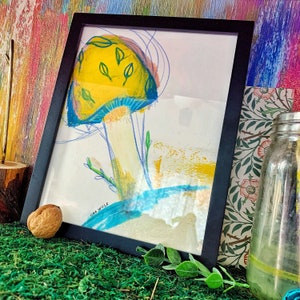 Original Colorful Mycology Mushroom Acrylic and Oil Pastel Painting Framed in 8x10 Black Minimalist Frame