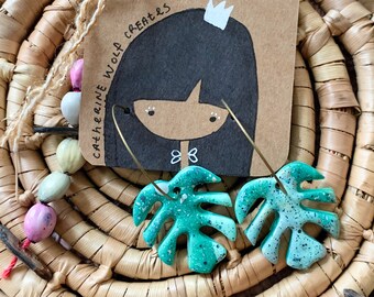 Clay Monstera Hoop Earrings, Green Teal Marble, Hypoallergenic