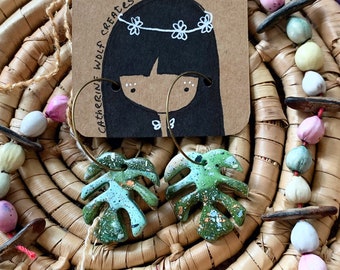 Clay Monstera Earrings, Marble Green and Teal Tropical Leaf Hoop Earrings, Hypoallergenic and Nickel Free, Fun Quirky Statement Earrings