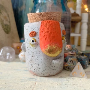 Whimsical Cute Monster Stash Jar, Apothecary Jar, Face Jar, Polymer Clay Face with Cork