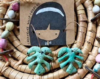 Clay Monstera Hoop Earrings, Green Teal Marble, Hypoallergenic