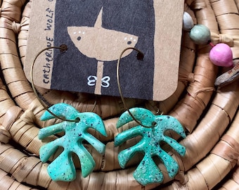Clay Monstera Earrings, Marble Green and Teal Tropical Leaf Hoop Earrings, Hypoallergenic and Nickel Free, Fun Quirky Statement Earrings