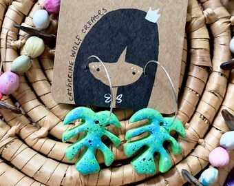 Clay Monstera Hoop Earrings, Marble Green Teal, Tropical Leaf, Hypoallergenic
