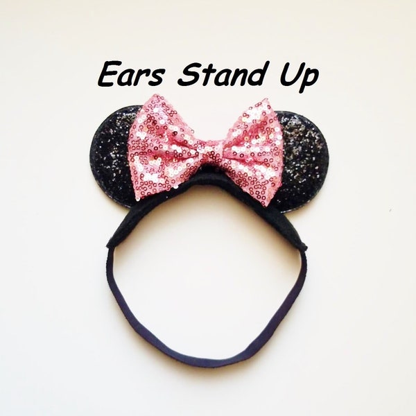 Baby Toddler Infant Minnie Mouse Ears with Blush Rose Pink  Bow / Vintage Style / Minnie Ears with Elastic Headband / Classic Stand Up Ears