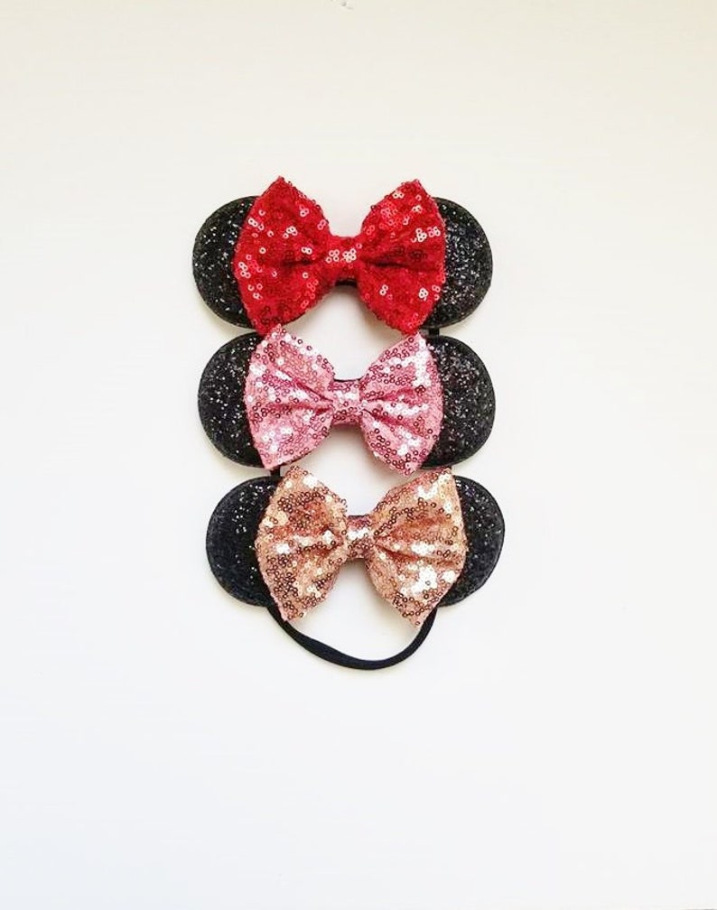 Baby Minnie Mouse Ears with Red Bow Light Blush Pink Bow