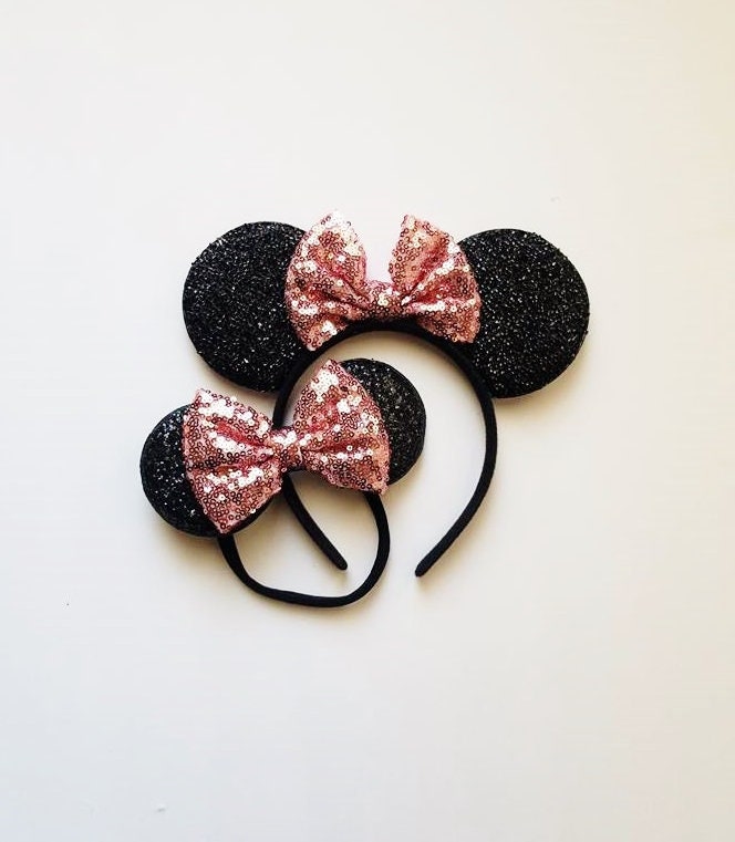 Mommy and Baby Minnie Mouse Ears with Rose Gold Bow / Vintage Style /…