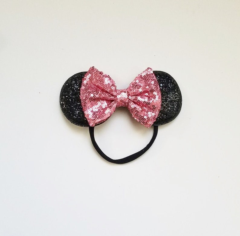 Baby Minnie Mouse Ears with Red Bow Light Blush Pink Bow