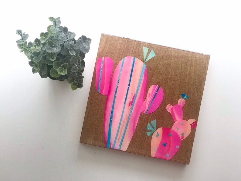 Pink Ink Cactus 8x8 on birched wood canvas with resin finish Pink Ink Cactus 8x8 on birched wood canvas with resin finish